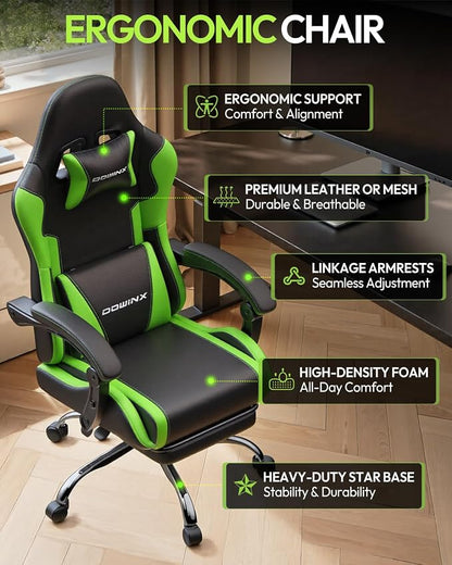 Dowinx Ergonomic Gaming Chair with Footrest & Massage Lumbar, 2D-Linkage Armrests for Computer Chair 330lbs with Headrest Pillow for Office, Home, Streaming and Long Gaming Sessions, Green