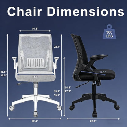 Ergonomic Office Chair with Flip-Up Arms, Small Desk Chair with Breathable Mesh Back, Home Office Desk Chair that Saves Space, Compact Swivel Computer Chair