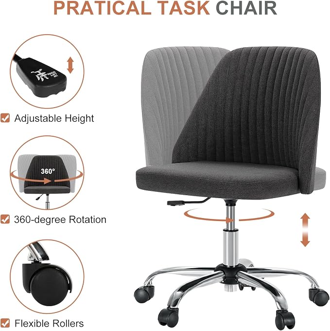 DUMOS Office Chair, Comfy Desk Chair Rolling Vanity Swivel Task Chairs with Wheels, Wide Seating Armless Height Adjustable Computer Chairs for Home,Bedroom,Student,Adults, Graphite