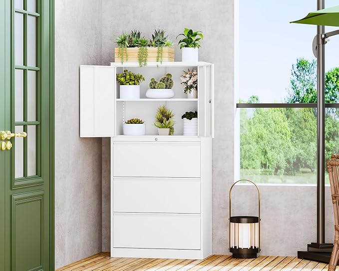 Letaya 3 Drawer Metal Storage Cabinets for Home Office,File Cabinet with Lock and 2 Adjust Shelves-Hang Filing Legal/Letter/A4/F4 Size（White）