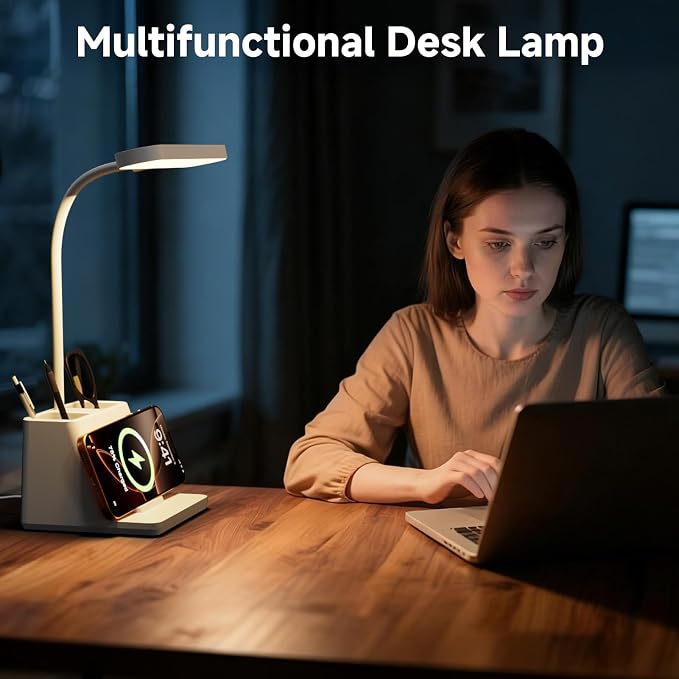 AXX 18 in Desk Lamp with Fast Wireless Charger for College Dorm Room, Adjustable LED Table Light for Home Office, White, Small, Cute