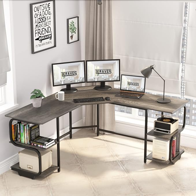 Teraves Modern L Shaped Desk with Shelves,64.84" Gaming Computer Desk for Home Office,Corner Desk with Desktop (Black Oak+Black Frame, Large+4 Tier Shelves)