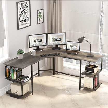 Teraves Modern L Shaped Desk with Shelves,64.84" Gaming Computer Desk for Home Office,Corner Desk with Desktop (Black Oak+Black Frame, Large+4 Tier Shelves)