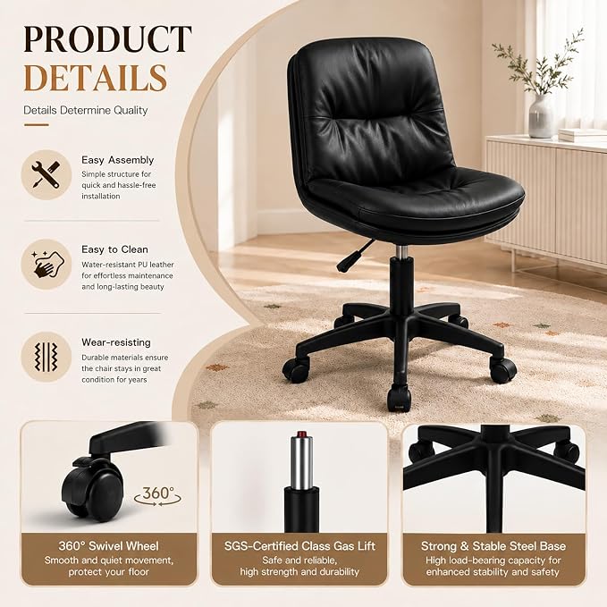Vanity Chair with Back, PU Leather Swivel Office Desk Chair, Height Adjustable Armless Chair for Small Spaces, Bedroom, Vanity, Home Office Black