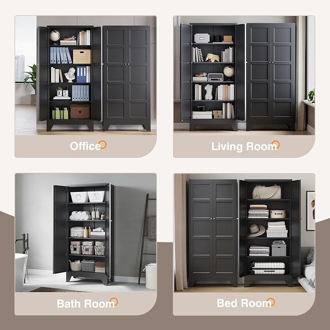 Yizosh Metal Pantry Cabinet,- 72" Black Kitchen Pantry Storage Cabinet with Doos and Adjustable Shelves for Kitchen, Living Room,Dining Room,Home