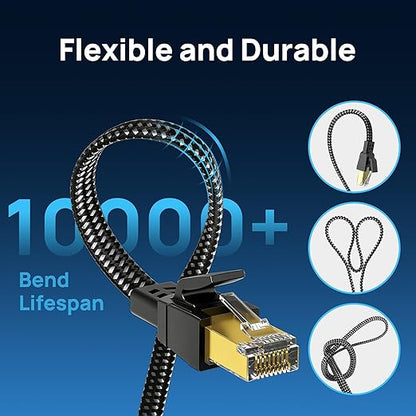 Cat 8 Ethernet Cable 10 ft, Nylon Braided High Speed Heavy Duty Cat8 Network LAN Patch Cord, 40Gbps 2000Mhz SFTP RJ45 Flat Internet Cable Shielded in Wall, Indoor&Outdoor for Modem/Router/Gaming/PC