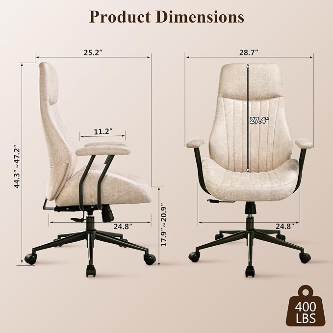 Mid Century Modren Office Chair,Computer Desk Swivel Task Chair with Wheels, High Back Ergonomic Executive Chair with Lumbar Support, Faux Lether Suede Fabric Home Chair (High Back, Beige)
