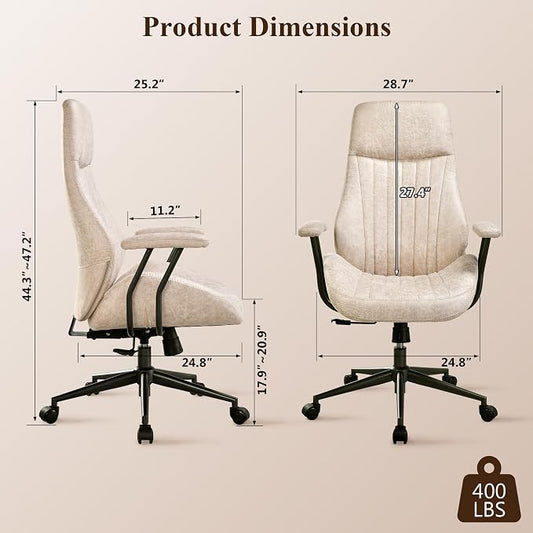 Mid Century Modren Office Chair,Computer Desk Swivel Task Chair with Wheels, High Back Ergonomic Executive Chair with Lumbar Support, Faux Lether Suede Fabric Home Chair (High Back, Beige)