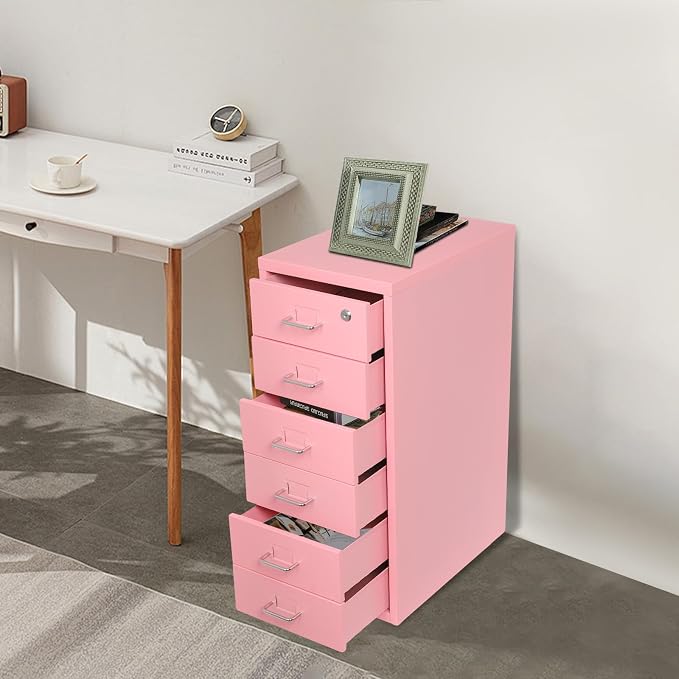6 Drawer Vertical File Cabinet with Lock, Metal Movable Office Storage Cabinet, Under-Desk File Cabinet with Wheels, for Home Office Use (Pink)