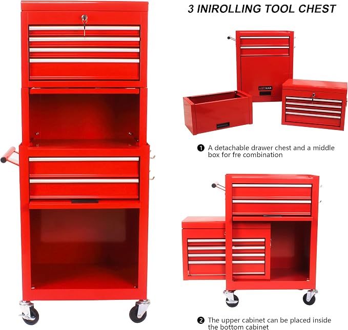 RYH 6 Drawers Rolling Tool Chest & Tool Box on Wheels | Heavy Duty Metal Cart with Ball Bearing Drawers | Fits US General Tool Box for Garage Storage (Red, 6 Drawers 3 in 1/51.99" H × 20.87" W)