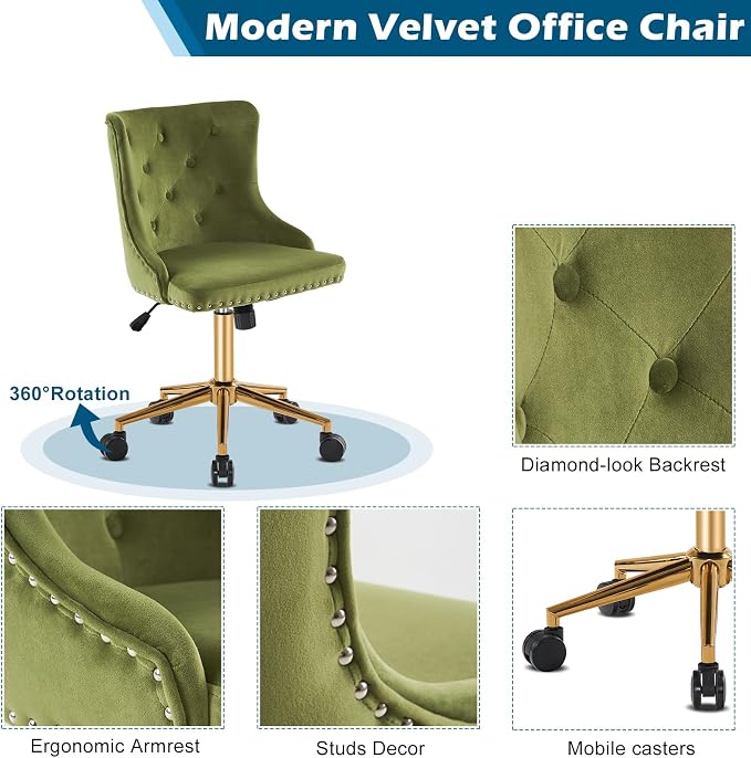 VINGLI Olive Green Velvet Armless Office Desk Chair with Gold Base/Wheels, Small Cute Vanity/Makeup Chair with Back for Bedroom, Upholstered Adjustable Rolling Swivel Nail Chair for Women/Girls