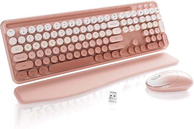 Wireless Keyboard and Mouse, Colorful 104-Key QWERTY with Round Keys, Phone Holder, Wrist Rest, Power Buttons, 2.4GHz USB for PC Laptop (Peach Gradient)