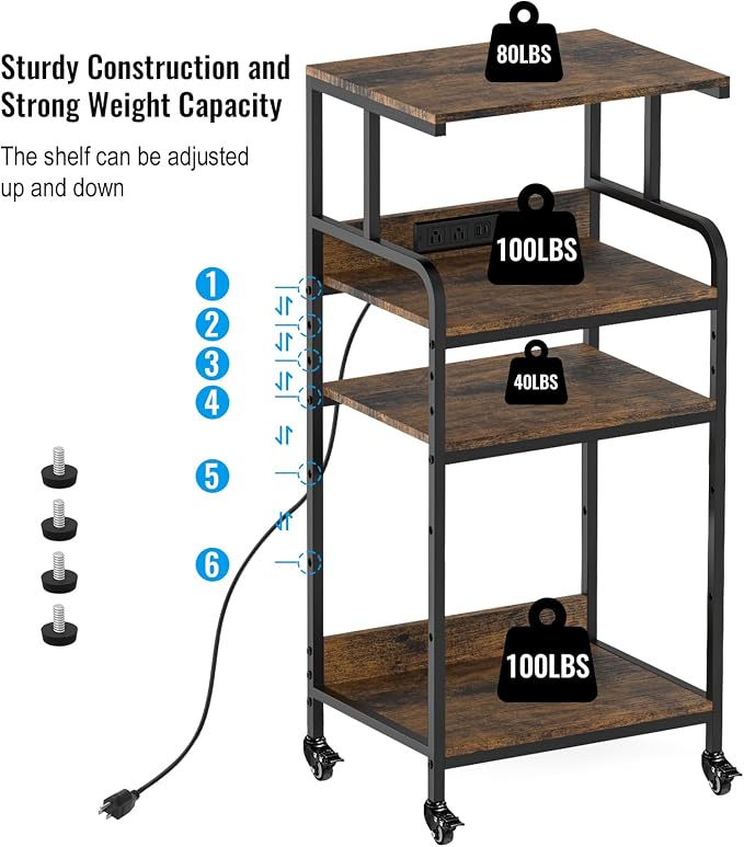 Rustic Brown 4 Tier Adjustable Mobile Printer Stand Rolling Cart | Tall space saving design for small home office holds scanner cricut heat press fax machine and various desktop equipment