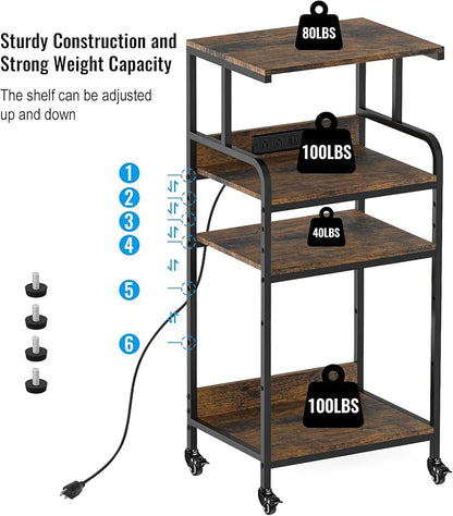 Rustic Brown 4 Tier Adjustable Mobile Printer Stand Rolling Cart | Tall space saving design for small home office holds scanner cricut heat press fax machine and various desktop equipment