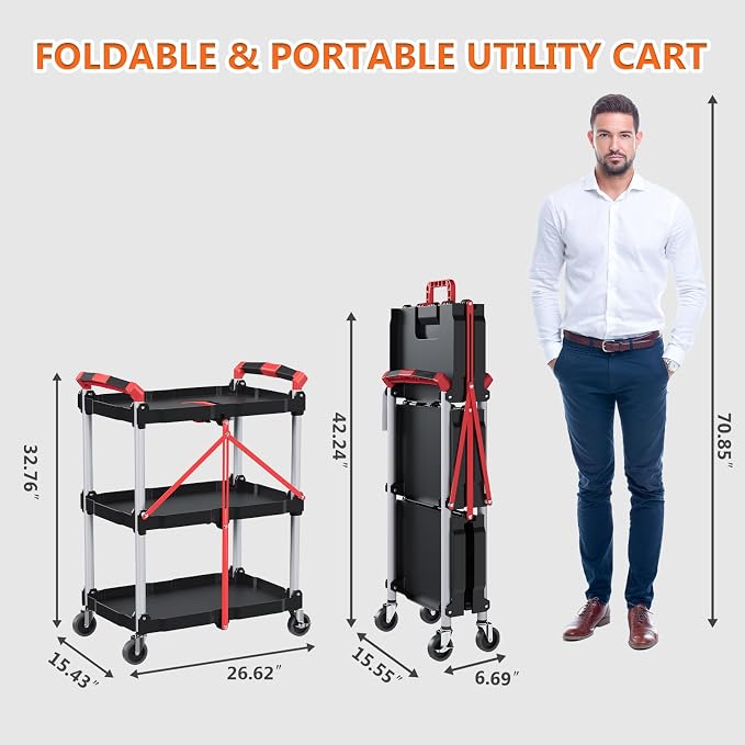 Foldable Utility Service Cart, 3 Tier Folding Service Cart Collapsible with 360° Swivel Wheels, 200 LBS Heavy Duty Plastic Rolling Tool Cart Portable for Warehouse Garage Workshop Office