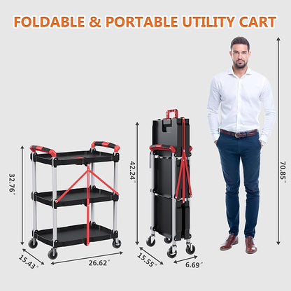 Foldable Utility Service Cart, 3 Tier Folding Service Cart Collapsible with 360° Swivel Wheels, 200 LBS Heavy Duty Plastic Rolling Tool Cart Portable for Warehouse Garage Workshop Office