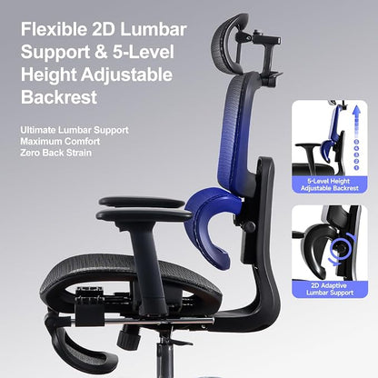 Office Chair with Footrest, Ergonomic Chair with 3D Headrest, Computer Chair with Adjustable Backrest & 3D Armrest, Gaming Chair with Adaptive Lumbar Support, Mesh Backrest & Cushion, Black