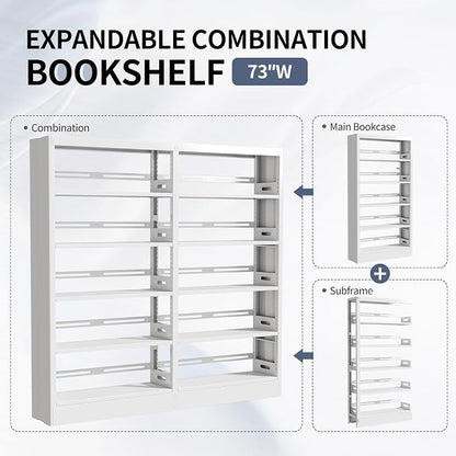 70.9" H Metal Bookshelf, Adjustable Bookcase, 5-Tier Heavy Duty Bookshelf with Bookend, Tall Bookshelves, Bookcase Shelf for Living Room, Office, Library,Classroom (White-72.8W)