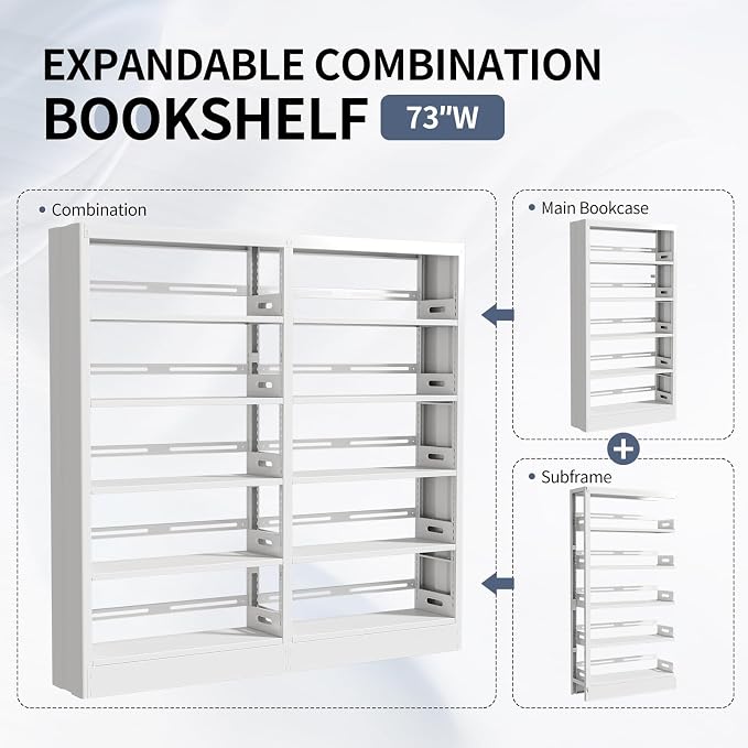 71" Expandable Combination Metal Bookshelf, 5 Tier Library Bookcase with Adjustable Shelves, Heavy Duty Bookshelves and Bookcases, Modern Book Shelf Tall Book Case/Shelves (73" W, White)