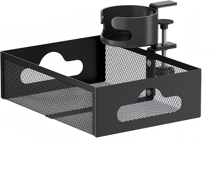 Cup Holder Under Desk Drawer 360° Swivel C-clamp Mounting Mesh Storage Box Spill-proof Easy Install Table Management Tray