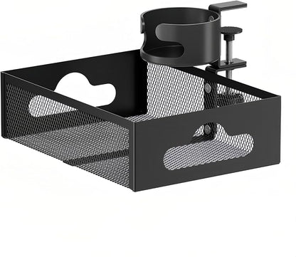Cup Holder Under Desk Drawer 360° Swivel C-clamp Mounting Mesh Storage Box Spill-proof Easy Install Table Management Tray