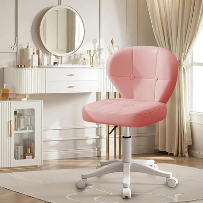 Small Office Chair with Lumbar Support, PU Leather Armless Swivel Desk Chair Adjustable Height, Compact Rolling Chair for Home Office, Bedroom, Study Pink Set of 2