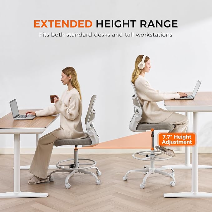 Drafting Chair Armless, Tall Office Chair with Adjustable Foot Ring and Lumbar Support, Ergonomic Mesh High Desk Chair for Standing Desk, Apricot