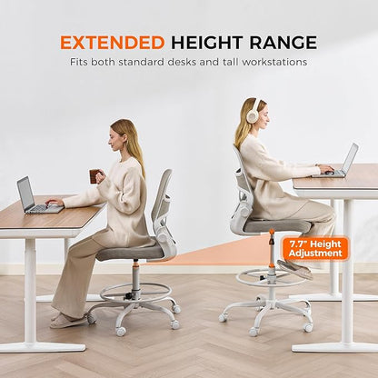 Drafting Chair Armless, Tall Office Chair with Adjustable Foot Ring and Lumbar Support, Ergonomic Mesh High Desk Chair for Standing Desk, Apricot