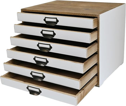 Vintage 6-Drawer Wooden Desktop Organizer Cabinet, Rustic Distressed Wood Card Catalog Cabinet, Antique Storage Box for Jewelry Cosmetics Craft Paper Home Office Decor (White)