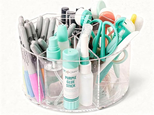 Craftelier - Pen Holder for Desk, Clear Acrylic 360 Degree Spinning Organizer With 6 Storage Slots with Carry Handle and 7.87" (20 cm) Diameter, Ideal for Home, School & Office Supplies