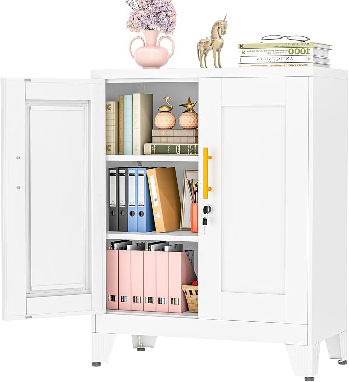 winiowa Tall Metal Storage Cabinet with Lock, Locking File Cabinet with 2 Doors and 2 Adjustable Shelves, White Lockable Organizer for Home Office Garage（27.6" W）