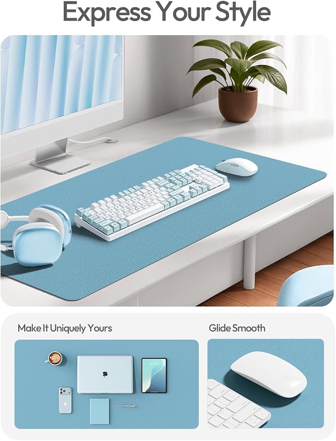 YSAGi Leather Desk Protector, Office Mat, Large Mouse Mat, Non-Slip PU Leather Blotter, Laptop Desk Mat, Waterproof Writing Pad for Office and Home(Sea Blue, 40" x 24")