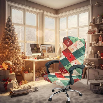 Christmas Office Chair Cover Green,Printed Elk,pinecone,Xmas tree,Snowflake,Jingle bell Stretch Computer Chair Cover Universal Removable Washable Anti-Dust Chair Slipcover with Zipper (L,Christmas-09)