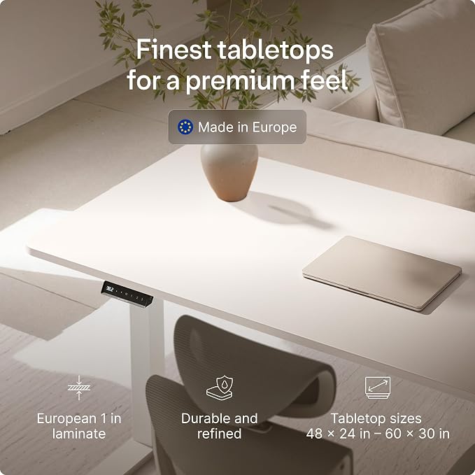 Desktronic HomeOne Standing Desk 48x24 — Ergonomic Sit Stand Home Office Desk, Made in Europe, Electric Dual Motor Height Adjustable, USB & USB-C Charging, Wobble-Free, Touchscreen, 3 Memory Presets