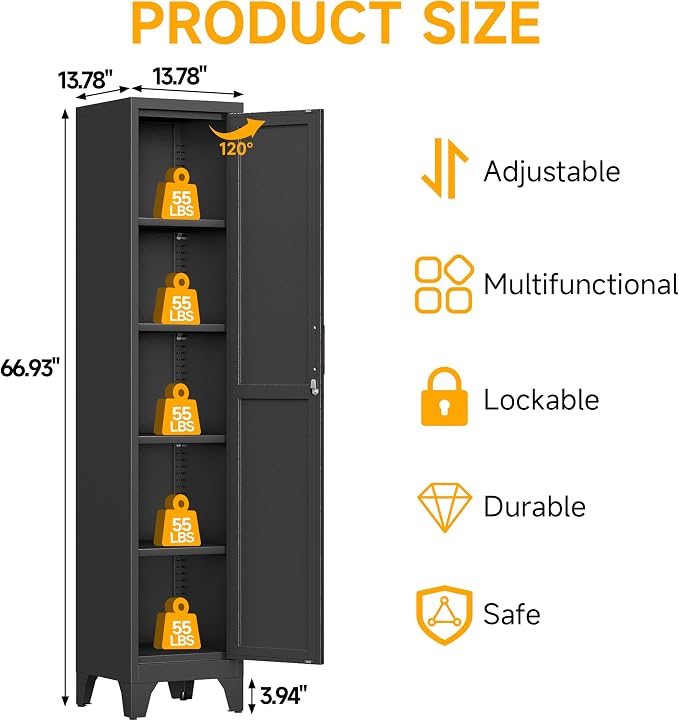 67"H Black Metal Locker with 1 Lockable Door and 4 Adjustable Shelves For Employees, 5 Tier Small Storage Cabinet with Detachable Legs and Vintage Handle for Kitchen,Office,Gym,School,Easy Assembly