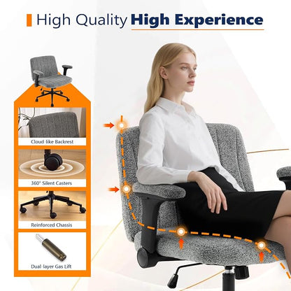 VINGLI Criss Cross Chair with Adjustable Flip-Up Arms,Cross Legged Chair with Wheels, Extra Wide Office Chair,Cozy Desk Chair for Home Office, Vanity, Apartment,Chenille Velvet,Grey