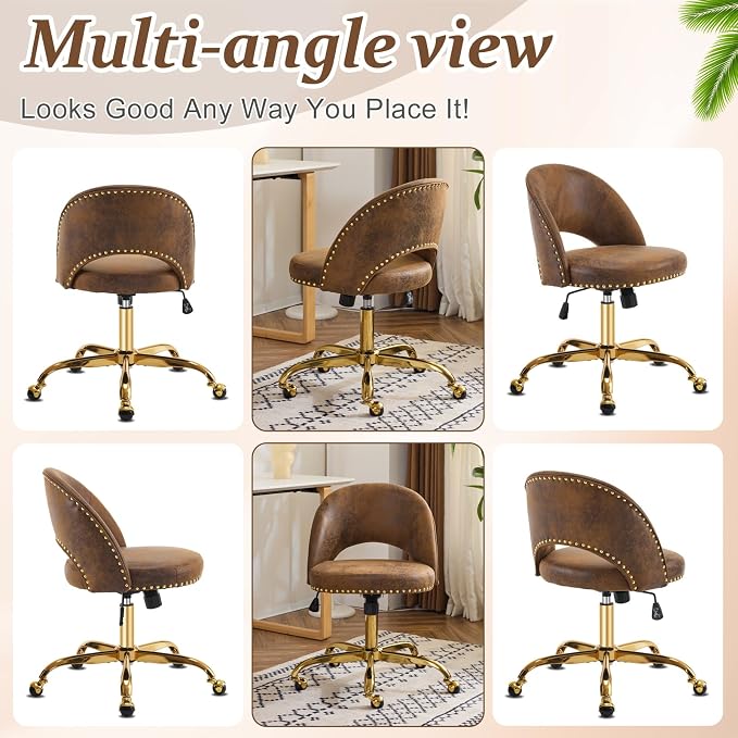 VINGLI Modern Velvet Small Office Chair,Cute Desk Chair with Wheels,Gold Base/Studs, Comfy Armless Swivel Vanity Task Chair for Women/Girl/Kids, Nail Tech Chair for Bedroom,Small Space,Rustic