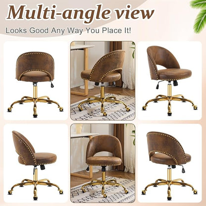 VINGLI Modern Velvet Small Office Chair,Cute Desk Chair with Wheels,Gold Base/Studs, Comfy Armless Swivel Vanity Task Chair for Women/Girl/Kids, Nail Tech Chair for Bedroom,Small Space,Rustic
