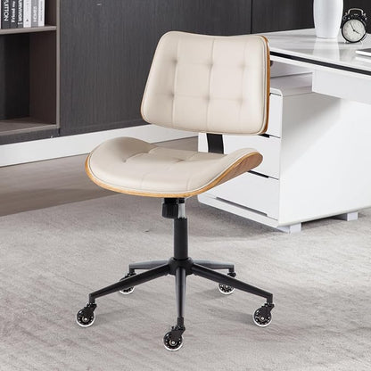 Home Office Desk Chair with Wheels, Adjustable Height Armless Office Chair, PU Leather Mid Back 360° Small Computer Chair, Modern Walnut Chair No Arms for Office, Reading Meeting Room(Beige)