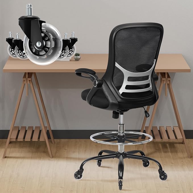 HYLONE Drafting Chair Adjustable, Tall Office Chair Lumbar Support Ergonomic Standing Desk Chair Heavy Duty Tall Drafting Stool for Artists with Footrest Home Office Drafting Stool