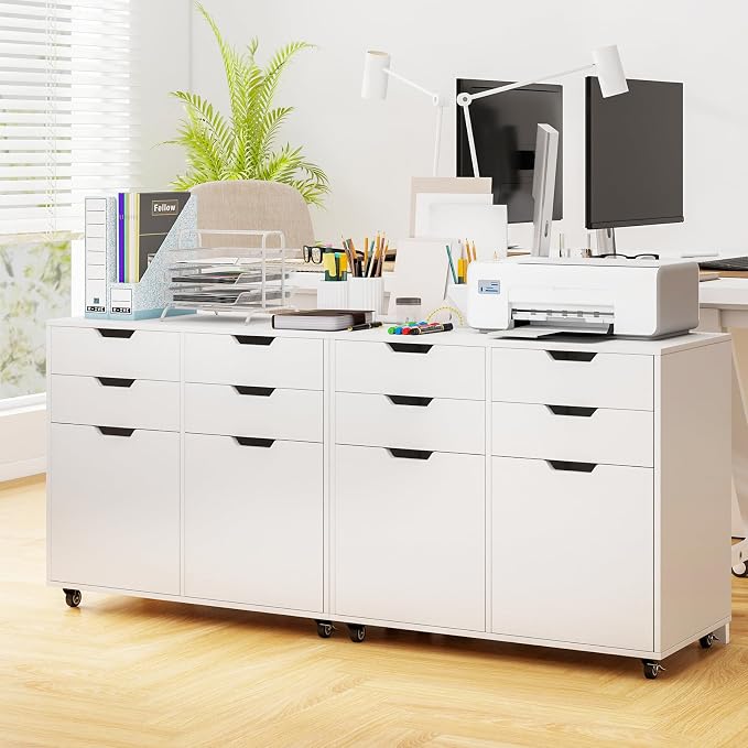 LOKO Mobile File Cabinet with 4 Drawers, Rolling Under-Desk Filing Cabinet, Wooden Chest of Drawers with Universal Wheels, Modern Printer Stand for Home Office Organization and Storage (White)