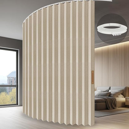 ILRON Accordion Folding Room Partition with Ceiling Track - Retractable Room Divider Curtain, Effortless Setup(Beige 180" W x 96" L-Pack of 1)