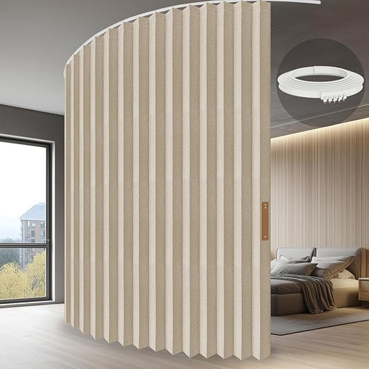 ILRON Accordion Folding Room Partition with Ceiling Track - Retractable Room Divider Curtain, Effortless Setup(Beige 180" W x 84" L-Pack of 1)