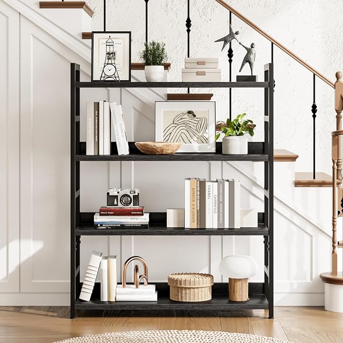NUMENN 4 Tier Wide Bookshelf for Living Room and Home Office, Black | Bookshelves, Home Office Bookcase Shelf Storage Organizer, Free Standing Storage Shelving Unit for Bedroom
