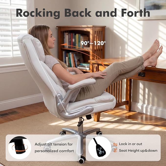 GYI Big and Tall 400lb Office Chair, Leather Executive Desk Chair, White | 24"Wide Seat, High Back, Space-Saving Flip-up Arms, Lumbar Support, Heavy Duty Base, Home, Conference Room