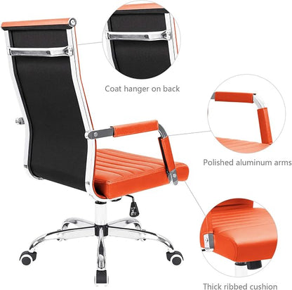KaiMeng Ribbed Office Desk Mid Back Computer Chair Height Adjustable Conference Executive Task Swivel PU Leather (Orange)