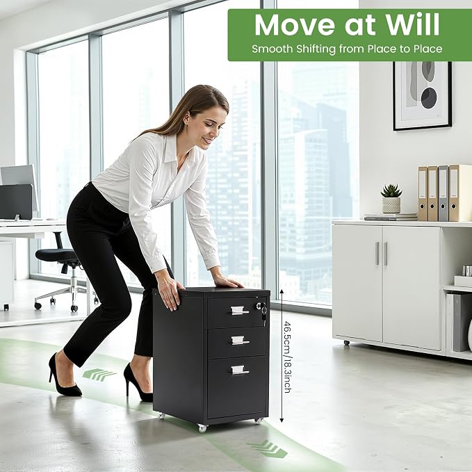 3-Drawer File Cabinet with Lock, Metal Mobile Filing Cabinet Vertical Storage Under Desk for Home Office Fits Legal Letter Document