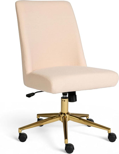Martha Stewart Maeve Swivel Task Chair with Height Adjustable Seat for Home Office in Conch Shell Fabric with Polished Brass Frame