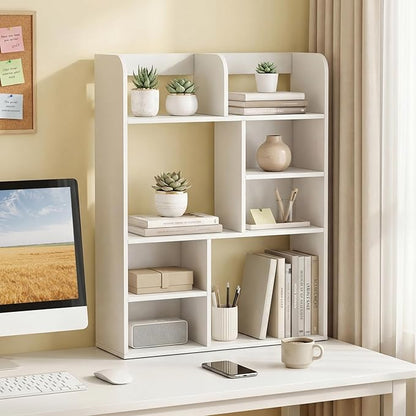 Tangkula Desktop Bookshelf, 5-Tier Desktop Display Rack with 4 Open Shelves & 4 Cubes, Modern Tabletop Bookcase Organizer for Computer Desk, Countertop Storage Hutch for Home Office Dorm (White)