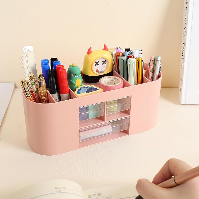 INSTOME Pencil Pen Holder for Desk with 3 Drawers - All-In-One Desk Organizer - Perfect Desk Accessories for Office Use - Stylish & Convenient Desk Organizers and Accessories (Pink)